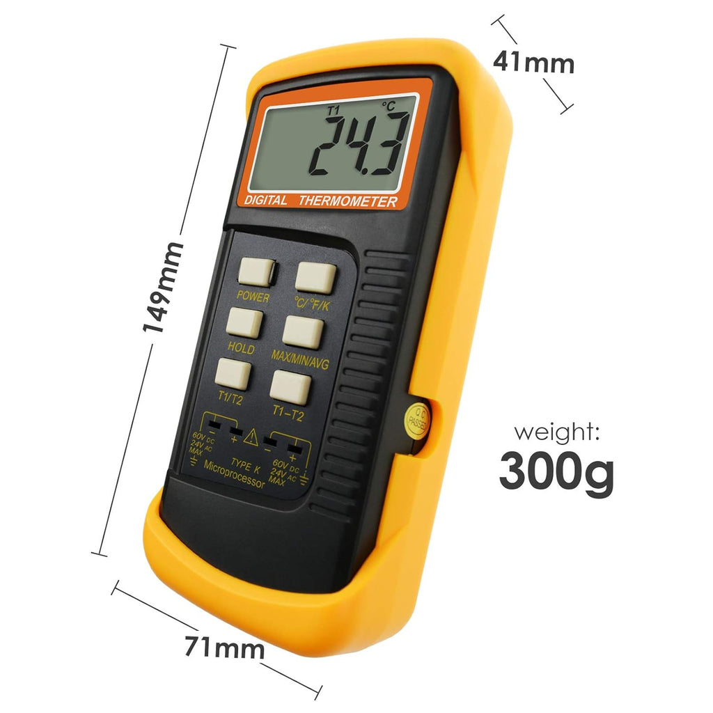 2 Channels K-Type Thermometer with 4 Stainless Steel Thermocouples, -50~1300°C Handheld Desktop Meter M41100