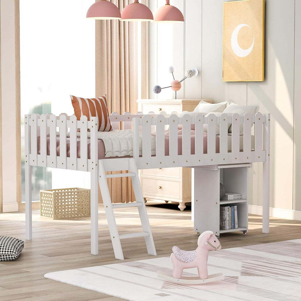 White Twin Size Wooden Loft Bed with Desk and Cabinet B115309
