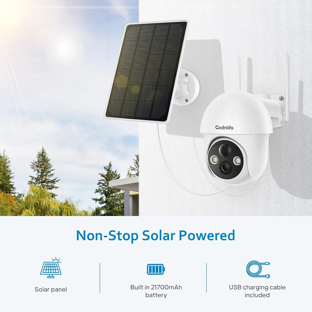 Solar Security Camera, 1080P Pan-Tilt Wireless WiFi Outdoor Battery Powered Surveillance Camera with Night Vision, 2-Way Audio, Motion Detection, SD Card & Cloud Storage P712