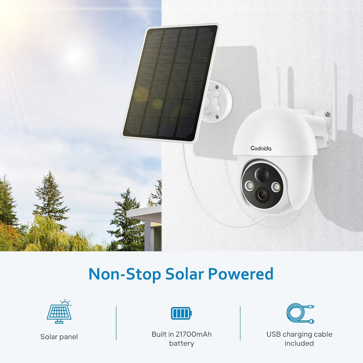 Solar Security Camera, 1080P Pan-Tilt Wireless WiFi Outdoor Battery Powered Surveillance Camera with Night Vision, 2-Way Audio, Motion Detection, SD Card & Cloud Storage P712