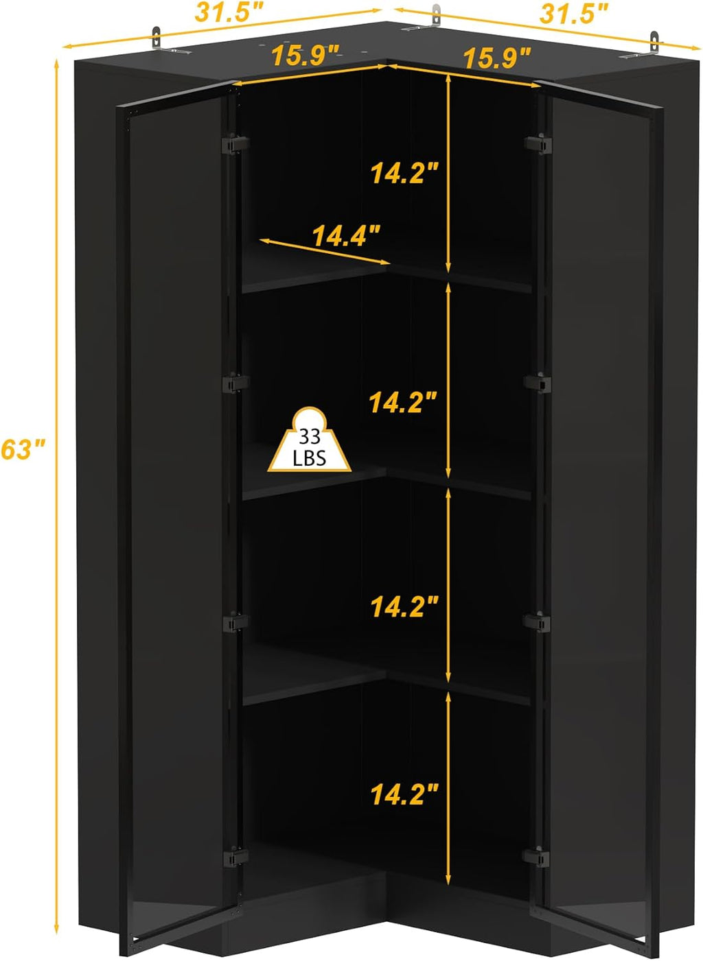 Black Corner Storage Cabinet with Glass Door and Light, 2 Doors and 4 Shelves, 31.5"L x 31.5"W x 63"H D829803