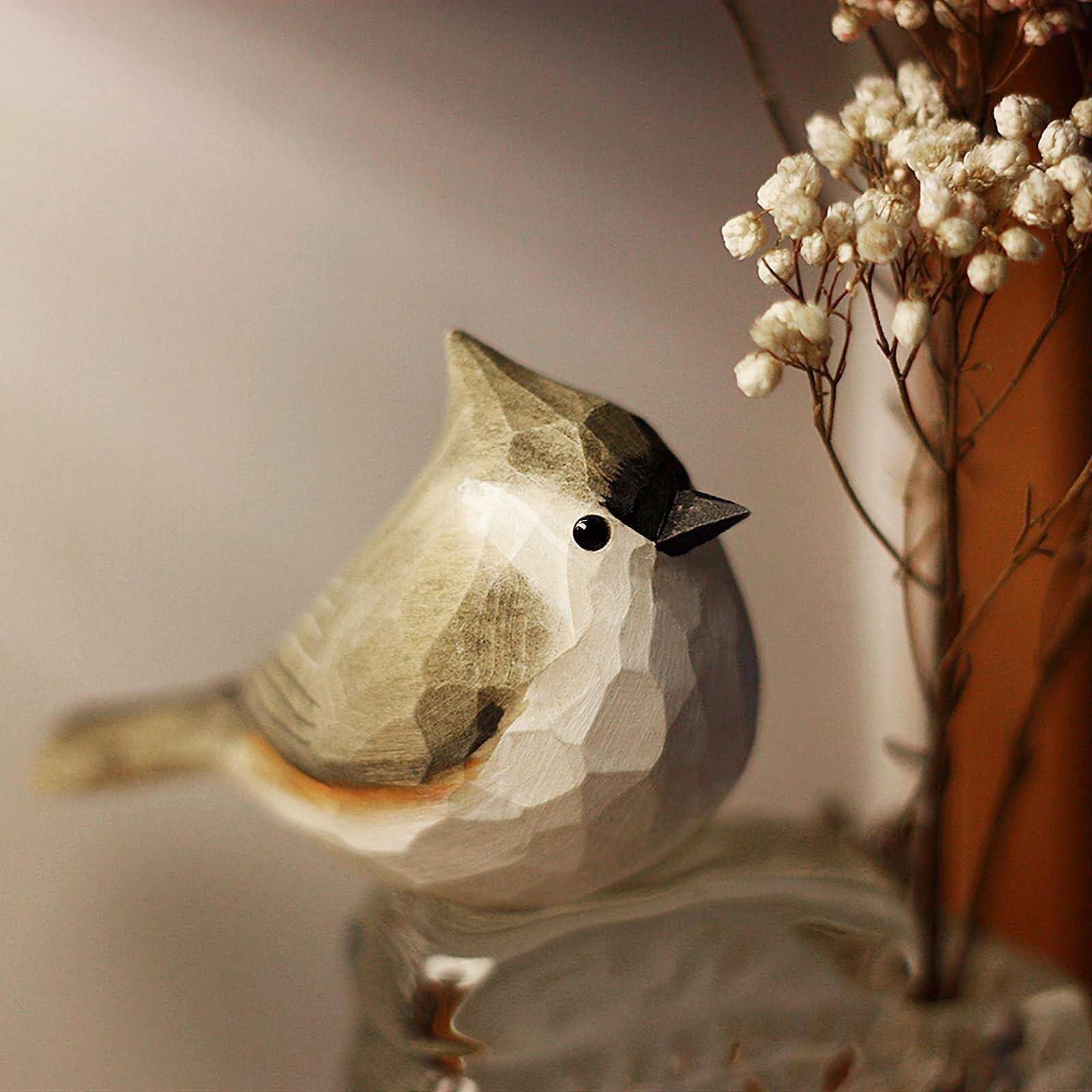 Gray White Wooden Titmouse Figurine Bird Statue W353742