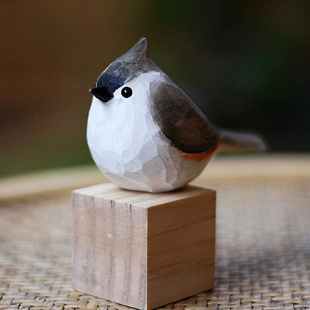 Gray White Wooden Titmouse Figurine Bird Statue W353742