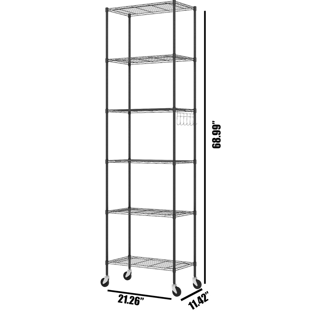 6 Shelves Wire Metal Heavy Duty Shelving Rack with Wheel, Silver F10552