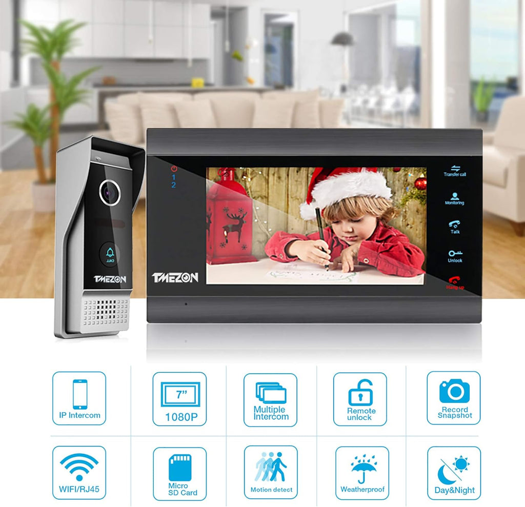 Wireless WIFI Video Door Phone IP Doorbell Intercom System with Camera 7 Inch Entry with 1x1080P Wired Camera Night Vision I3751