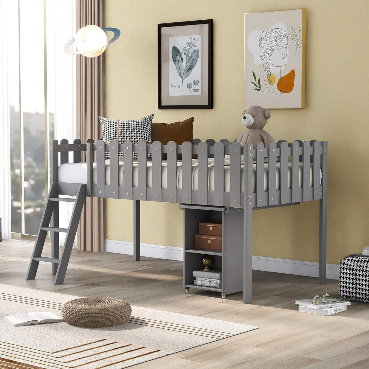 White Twin Size Wooden Loft Bed with Desk and Cabinet B115309