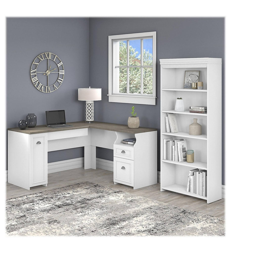 Gray L Shaped Desk with 5 Shelf Bookcase S980