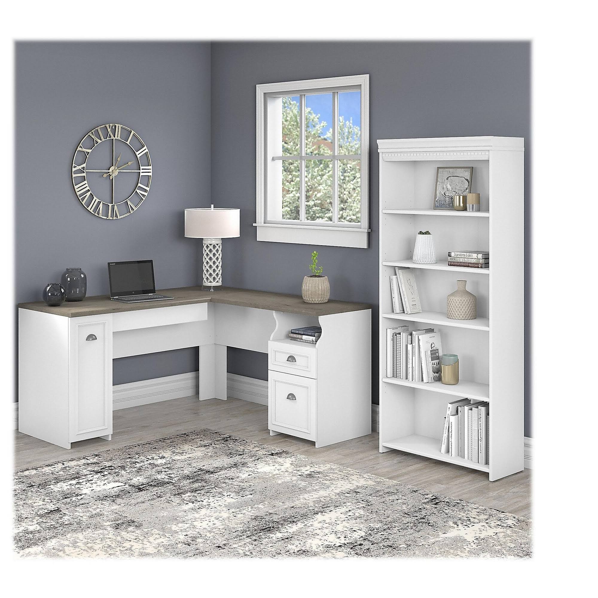 Gray L Shaped Desk with 5 Shelf Bookcase S980
