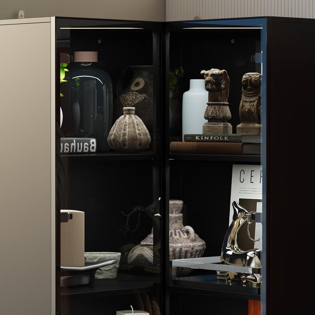 Black Corner Storage Cabinet with Glass Door and Light, 2 Doors and 4 Shelves, 31.5"L x 31.5"W x 63"H D829803