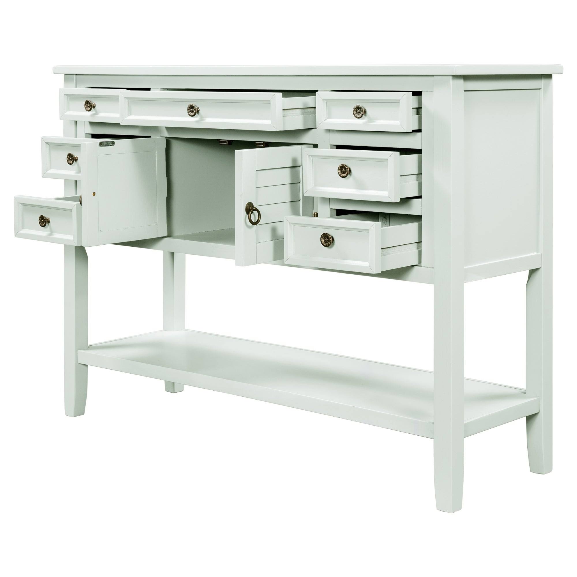 Light Blue Pine Console Table with 7 Drawers and 1 Cabinet and 1 Shelf Y484
