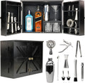 Rustic Brown Barndoor Bartender Cabinet with 12 Piece Bar Tool Set Q6895