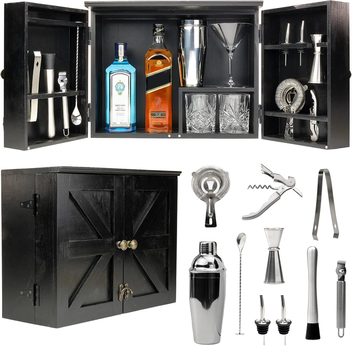 Rustic Brown Barndoor Bartender Cabinet with 12 Piece Bar Tool Set Q6895