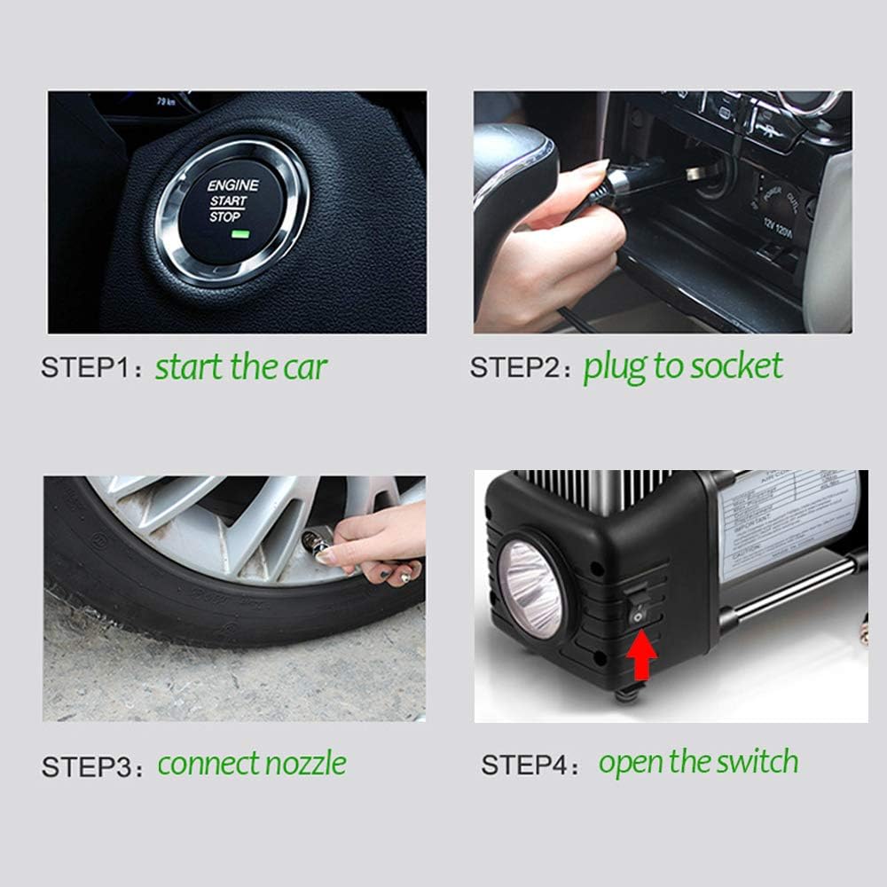 12V 150 PSI Double Cylinder Tire Inflator Air Compressor with LED Light and Storage Bag O2681