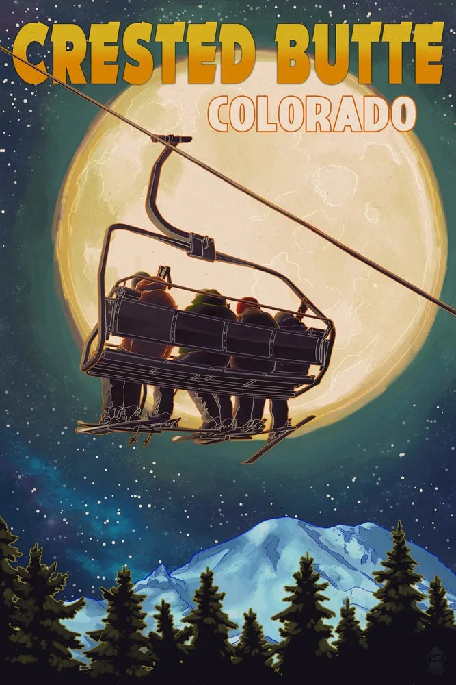 Ski Lift and Full Moon Giclee Gallery Print U216856