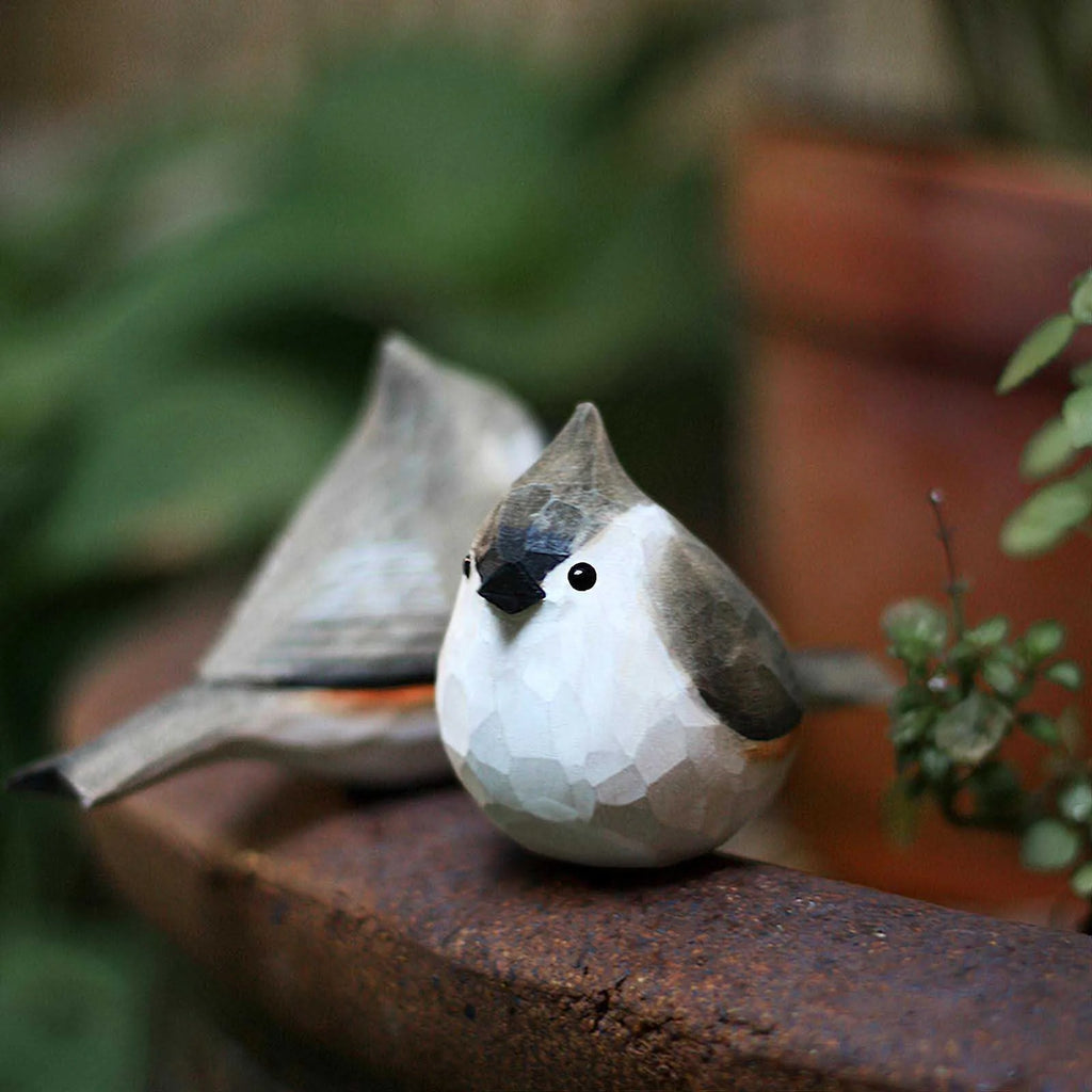 Gray White Wooden Titmouse Figurine Bird Statue W353742
