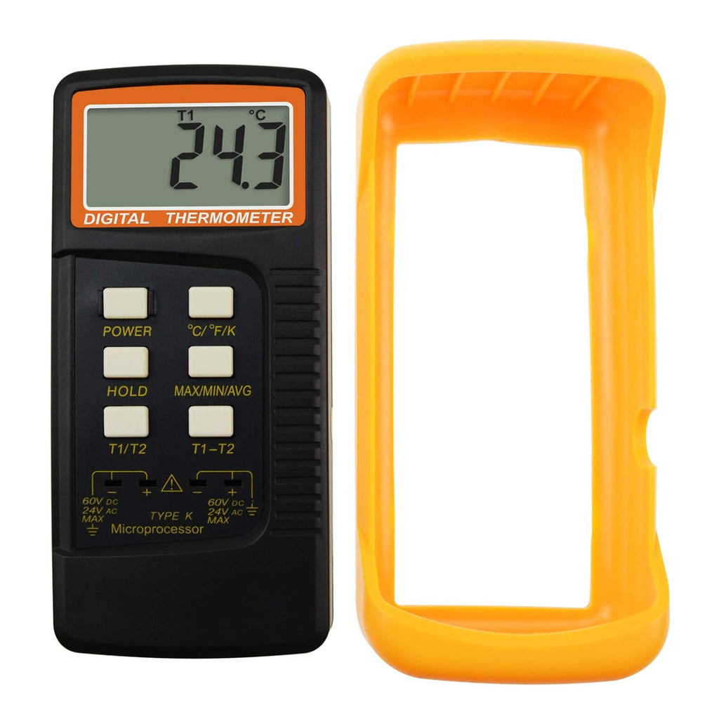 2 Channels K-Type Thermometer with 4 Stainless Steel Thermocouples, -50~1300°C Handheld Desktop Meter M41100