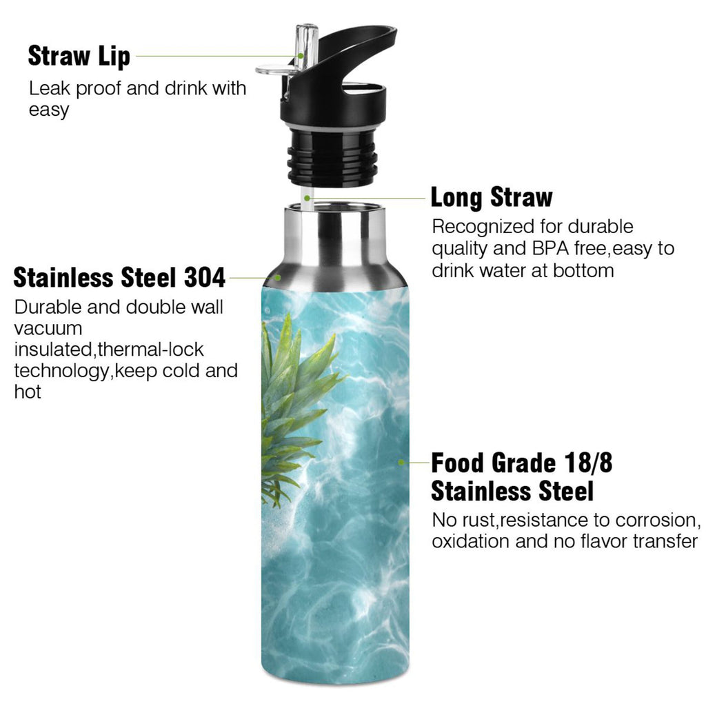 Yellow Pineapple on Blue Water Insulated Stainless Steel Water Bottle with Straw Lid 20 oz S6001