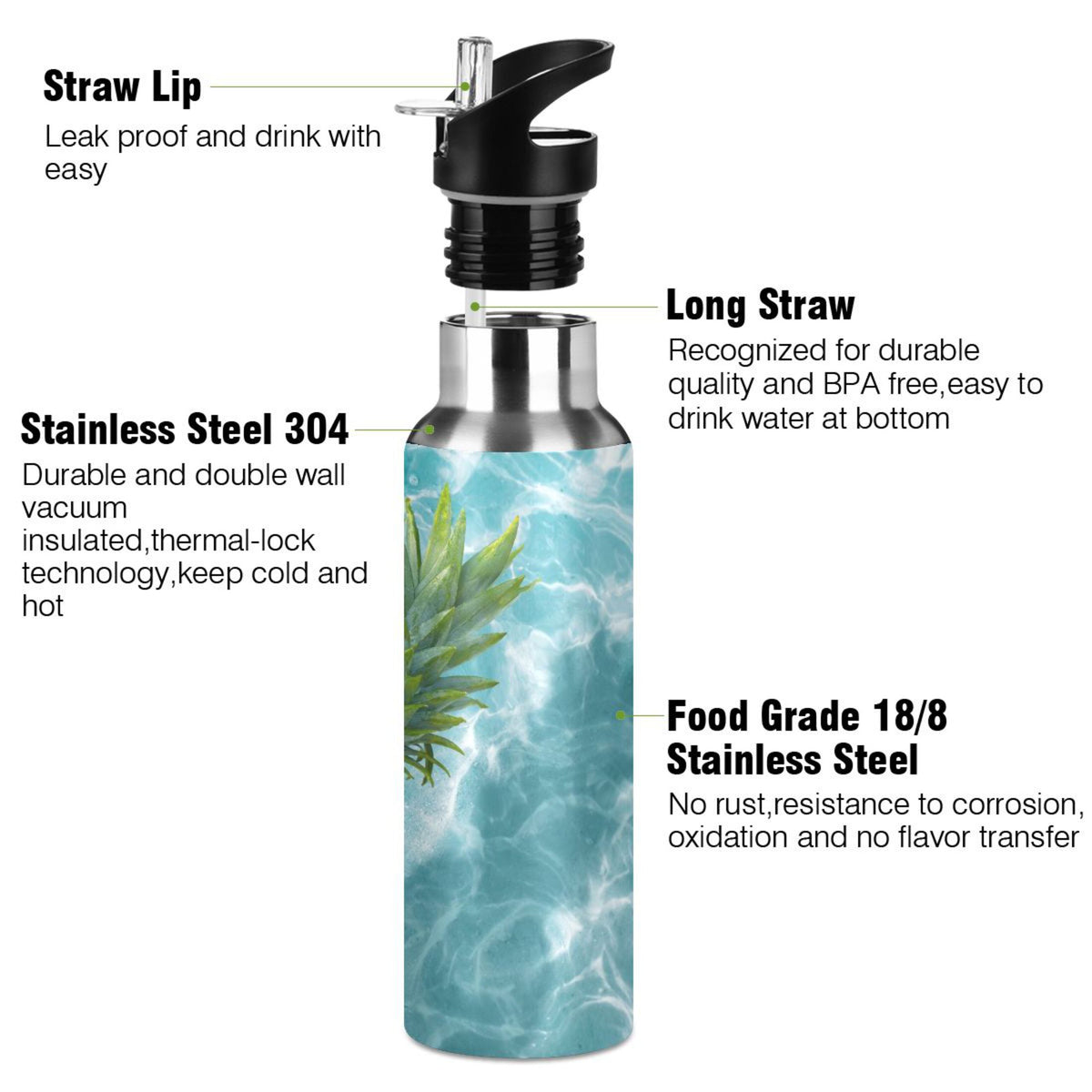 Yellow Pineapple on Blue Water Insulated Stainless Steel Water Bottle with Straw Lid 20 oz S6001