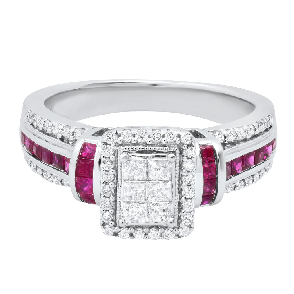 Princess Ruby and White Diamond Engagement Ring in 925 Sterling Silver I9383
