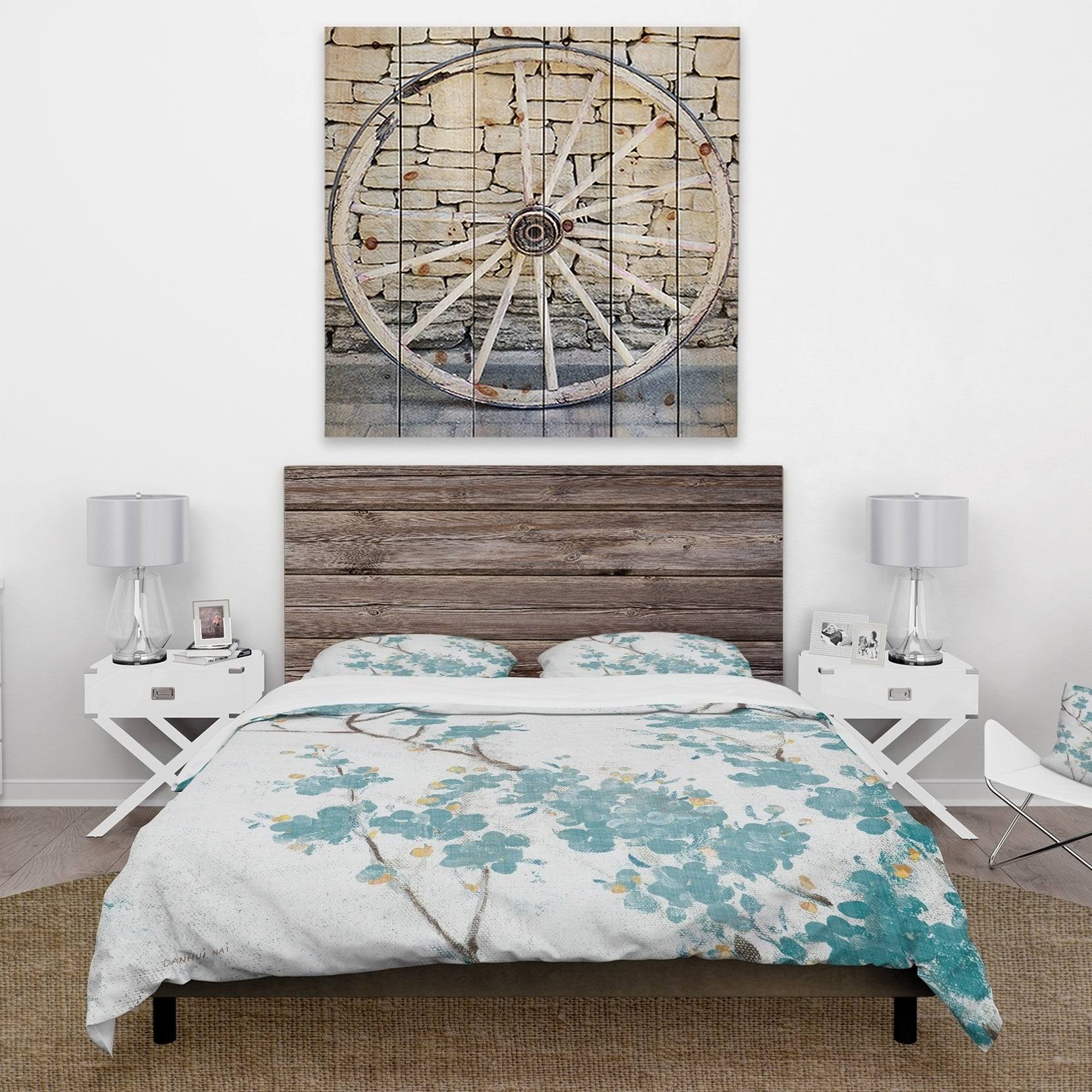 Teal Cherry Blossoms Queen Fabric Duvet Cover Set P584740