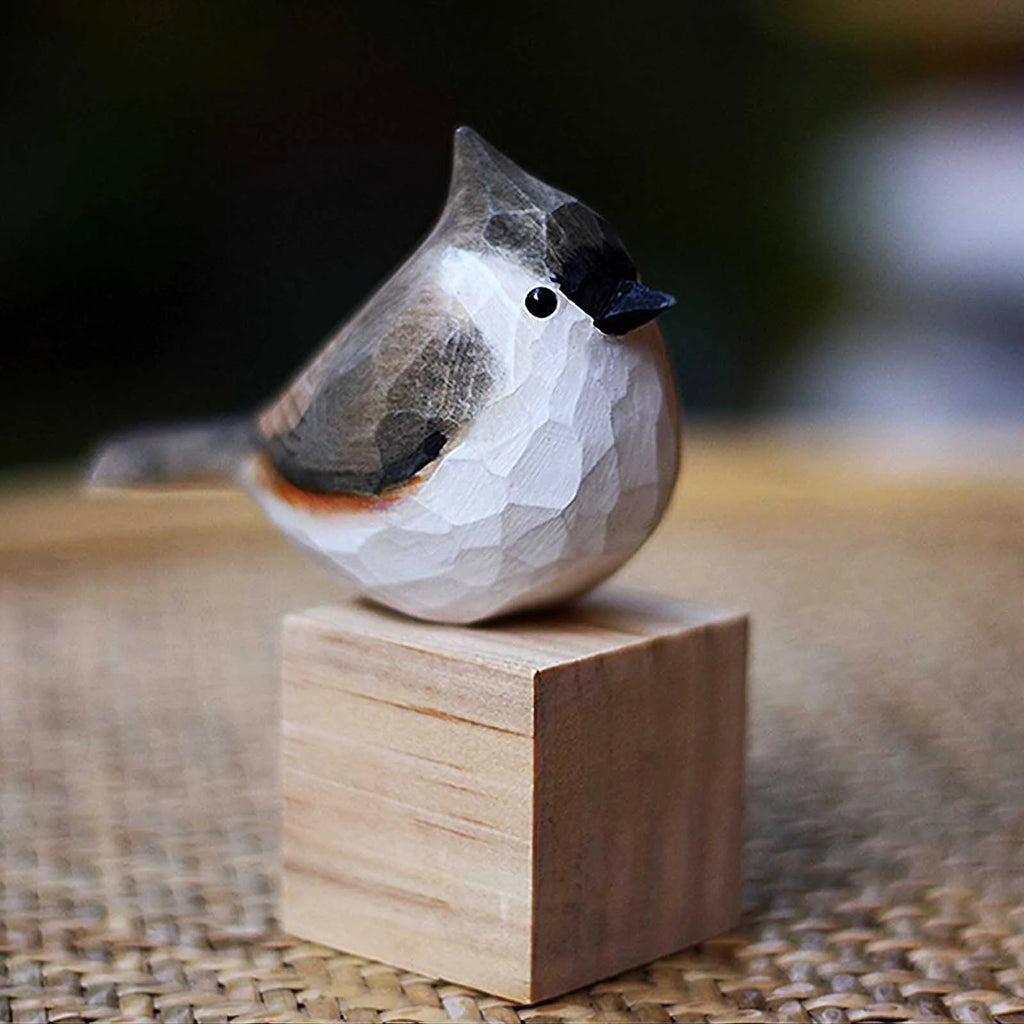 Gray White Wooden Titmouse Figurine Bird Statue W353742