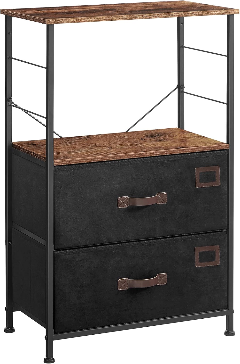 Rustic Brown Black Gray Nightstand with 2 Fabric Drawers and Wooden Top Q78040