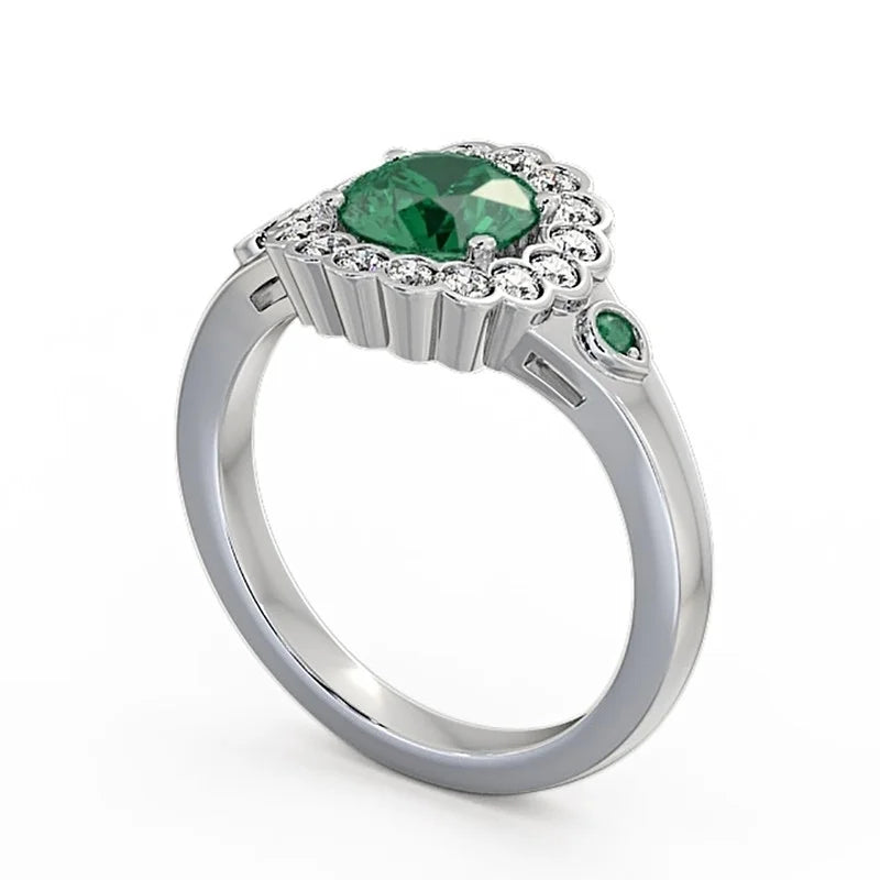 14K White Gold Floral Halo Round Cut Emerald Real Diamond Ring Size 7.5 S344941