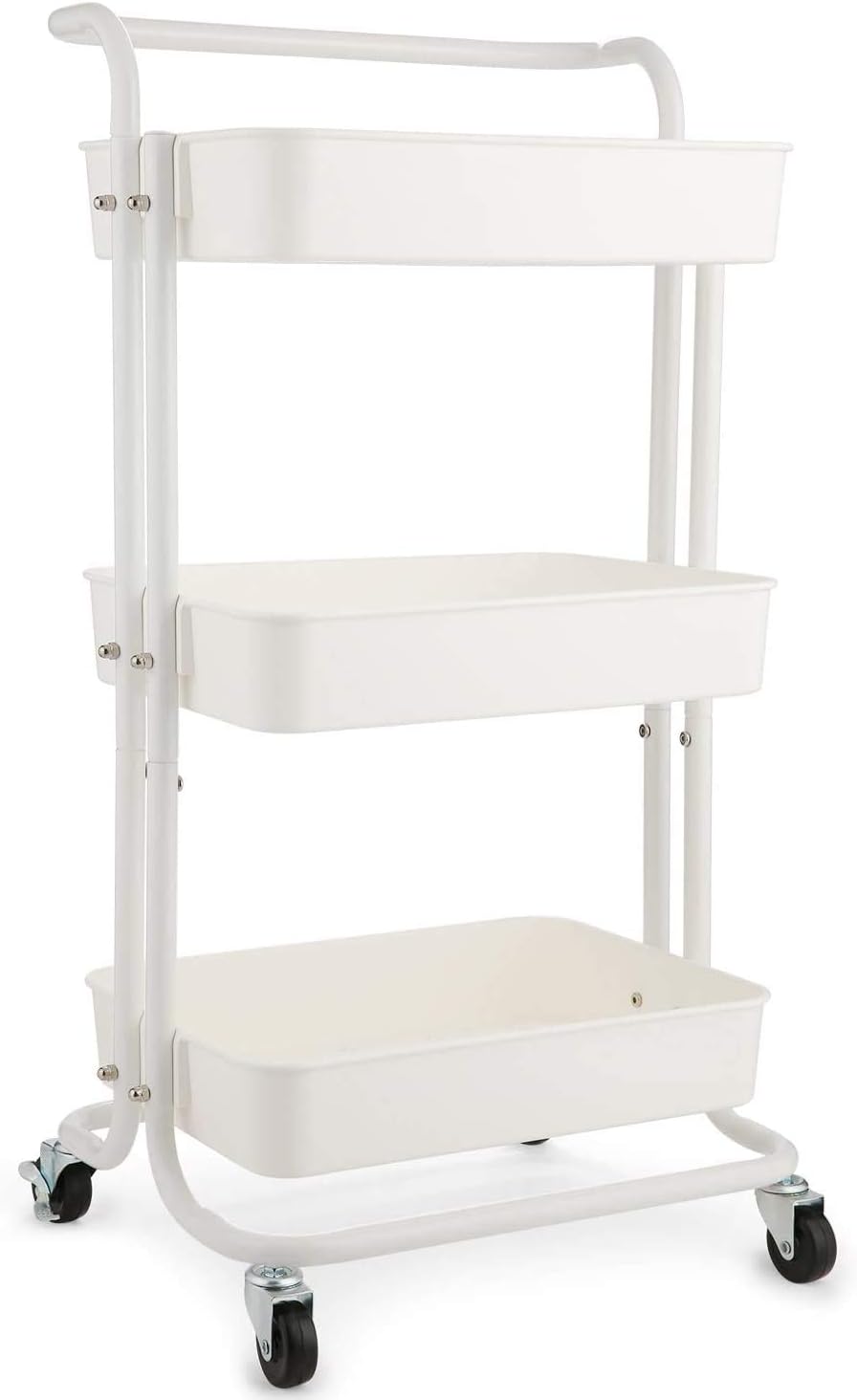 3-Tier White Rolling Utility Cart with Mesh Basket U895412
