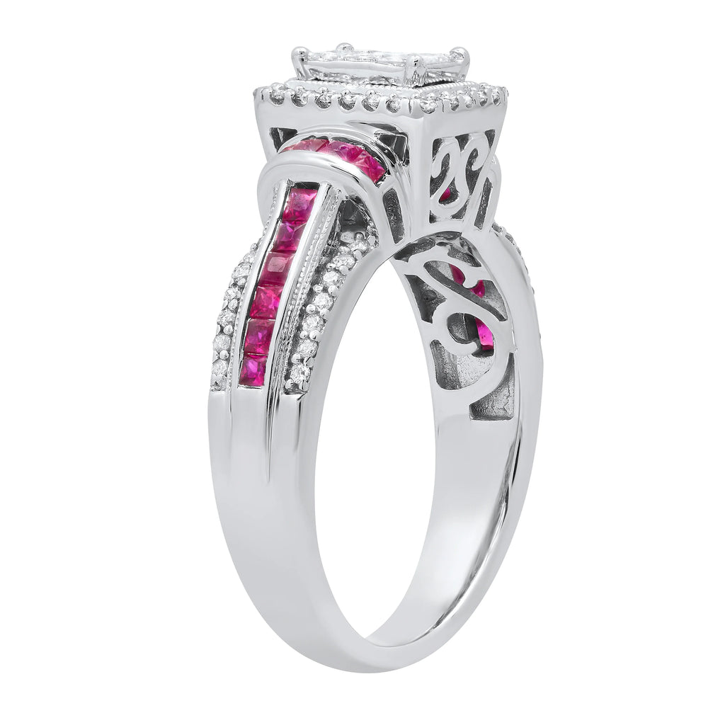 Princess Ruby and White Diamond Engagement Ring in 925 Sterling Silver I9383