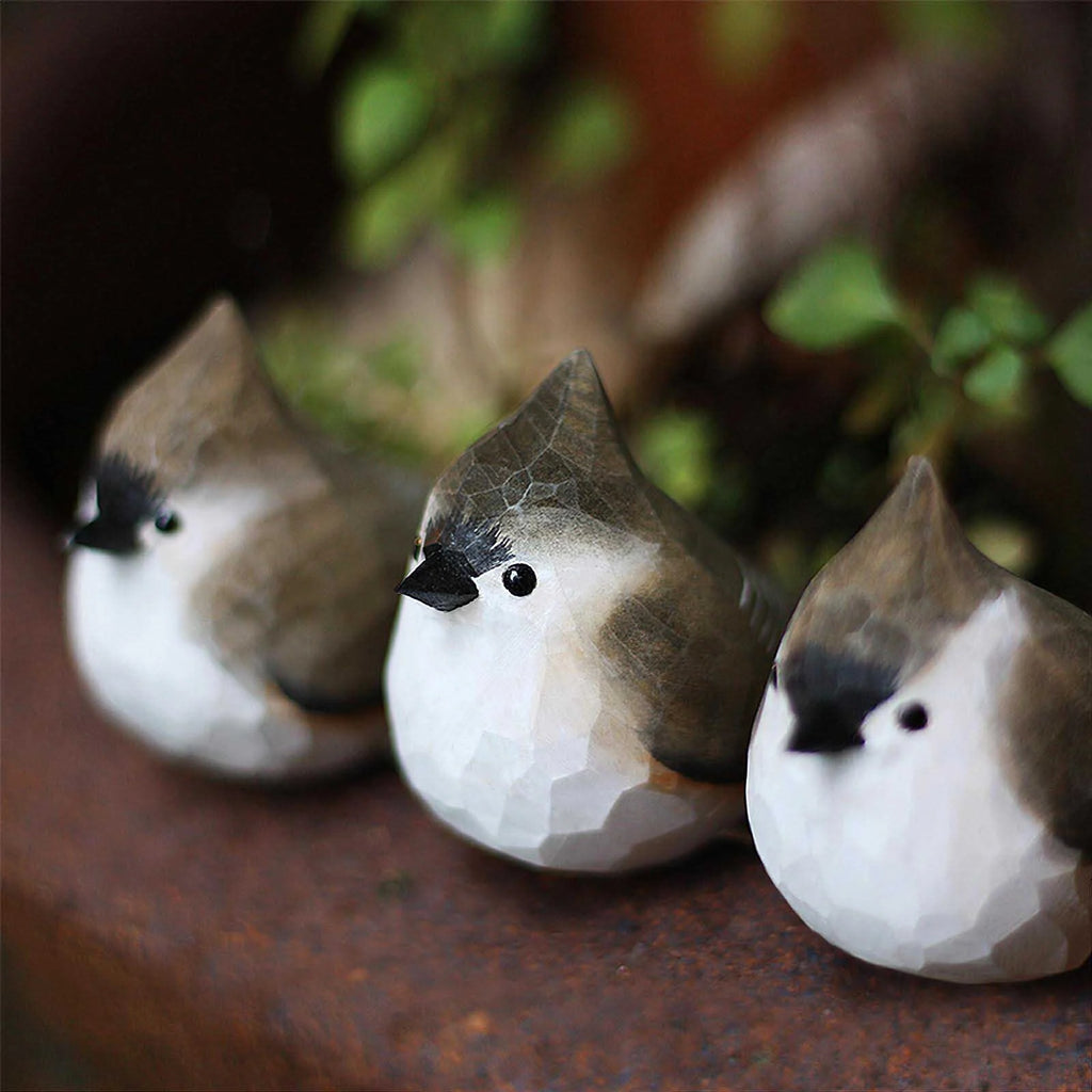Gray White Wooden Titmouse Figurine Bird Statue W353742