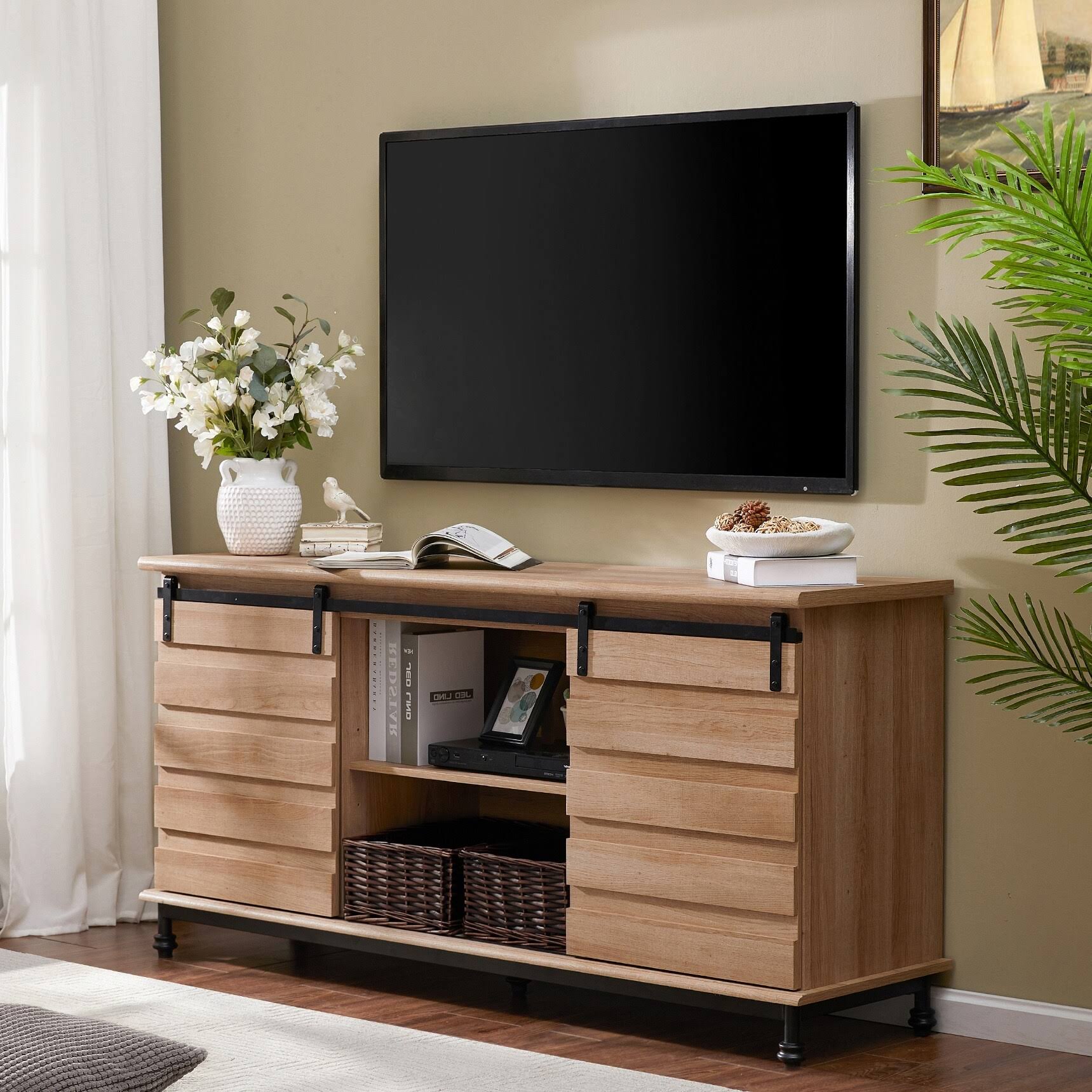 Oak Sliding Barn Door TV Stand Storage Cabinet L9271