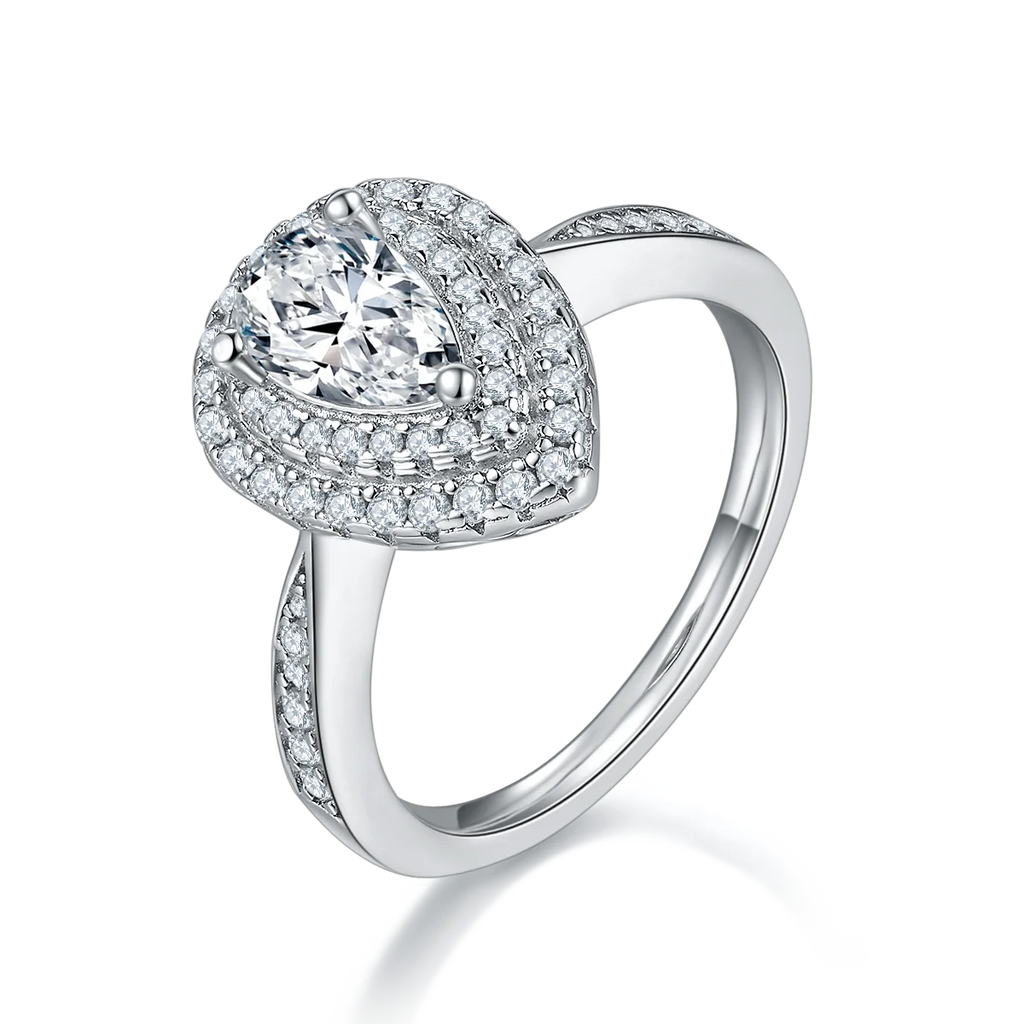 Pear Cut Moissanite Pave Set Engagement Ring In 18K White Gold Plating Over Silver G6538