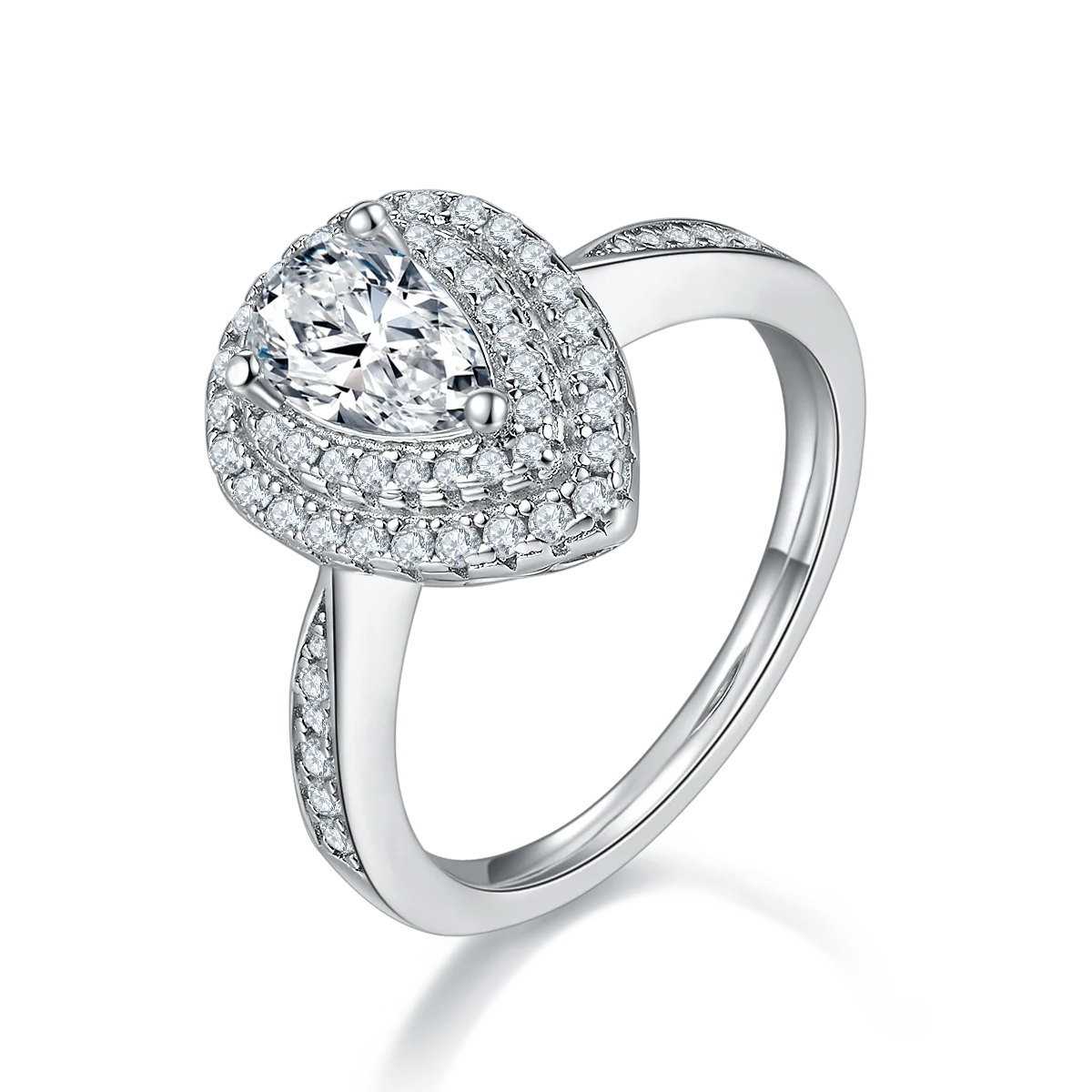 Pear Cut Moissanite Pave Set Engagement Ring In 18K White Gold Plating Over Silver G6538