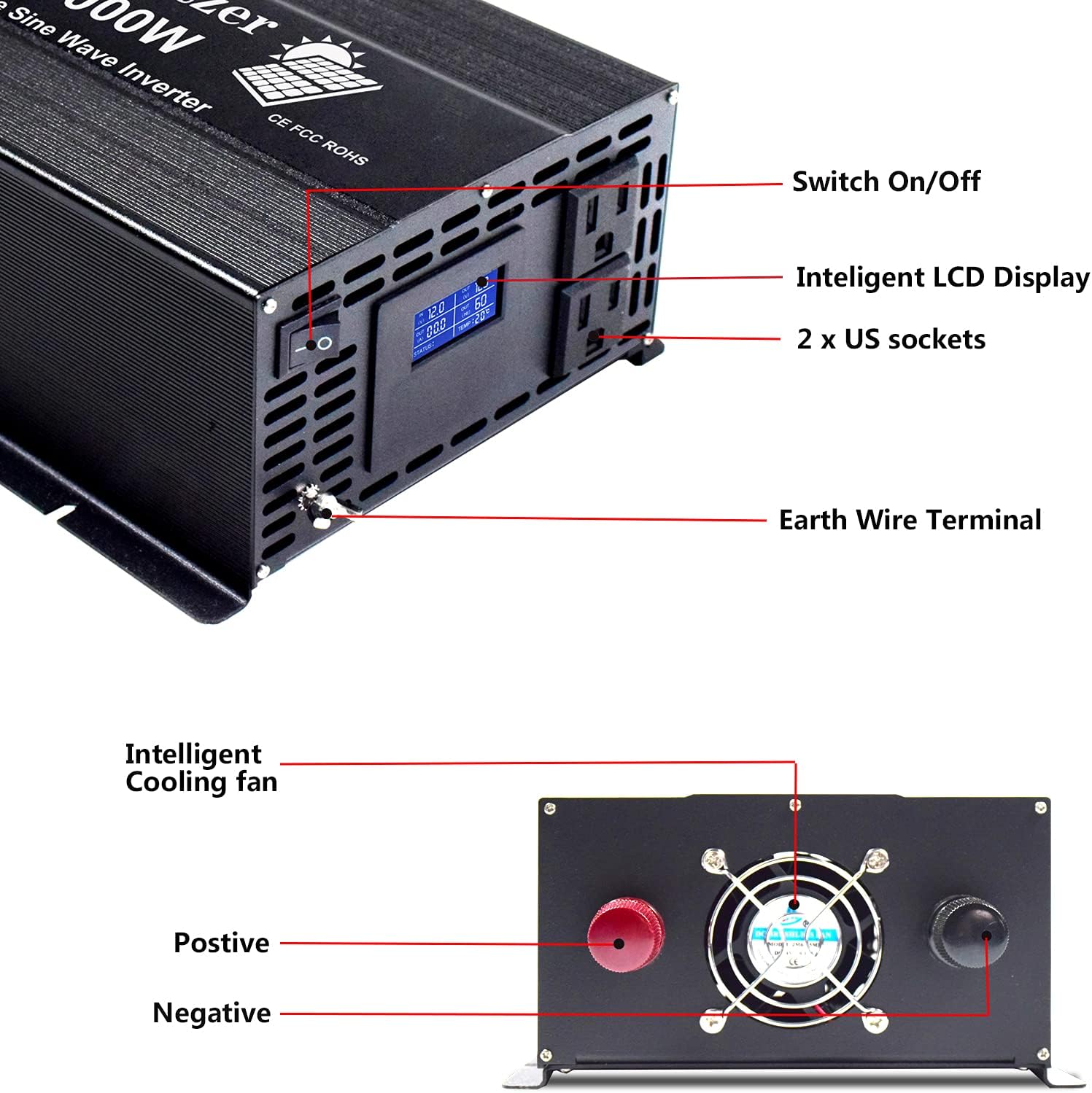 3000 Watt Pure Sine Wave Inverter 12V to 110V 120 Volt with Dual US Outlet and LCD Display K436607