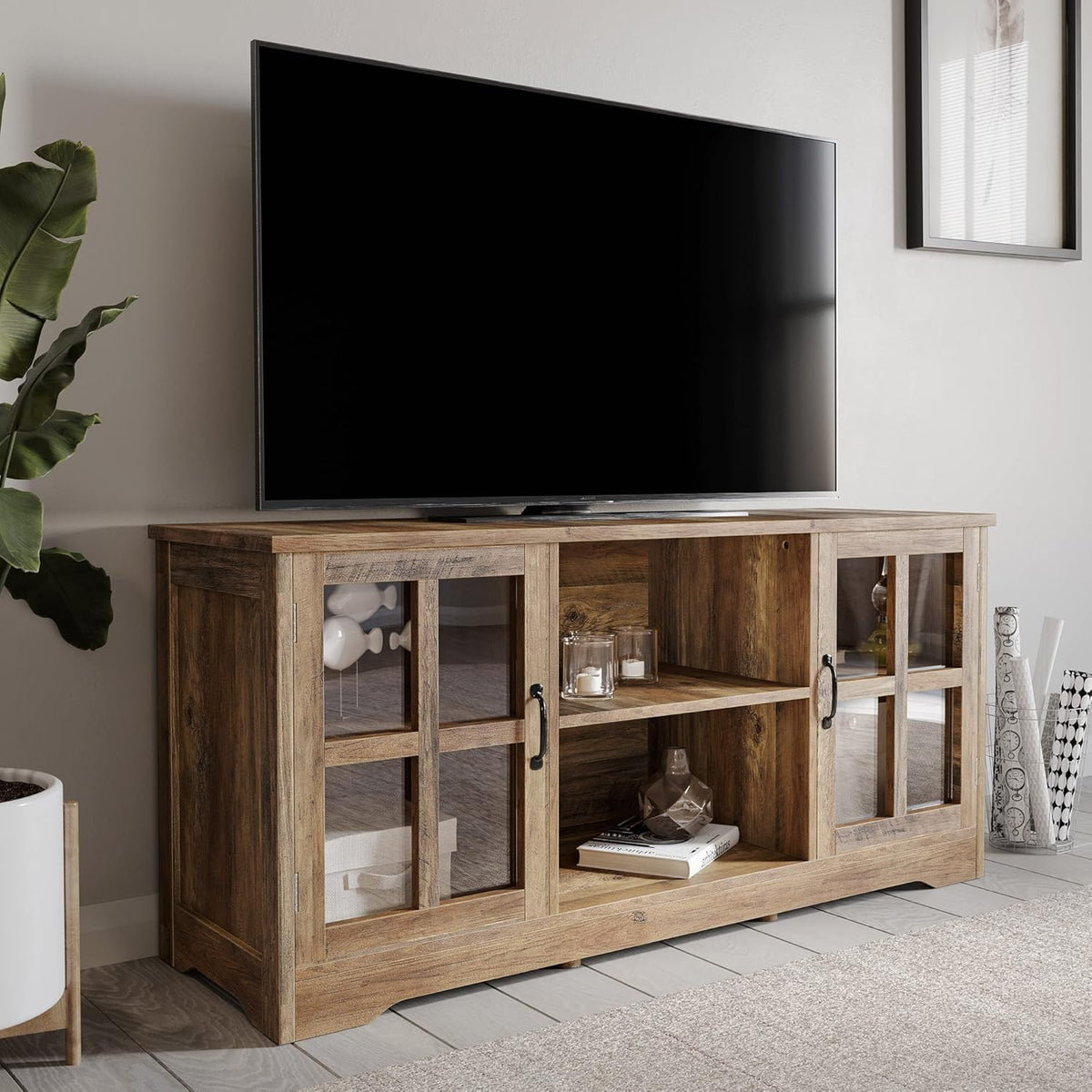 Espresso TV Stand with Wood Glass Storage Cabinets B7703