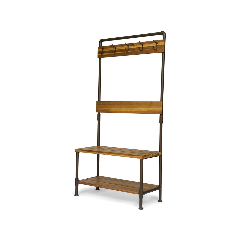 Teak Acacia Wood and Iron Bench with Shelf and Coat Hooks J41577