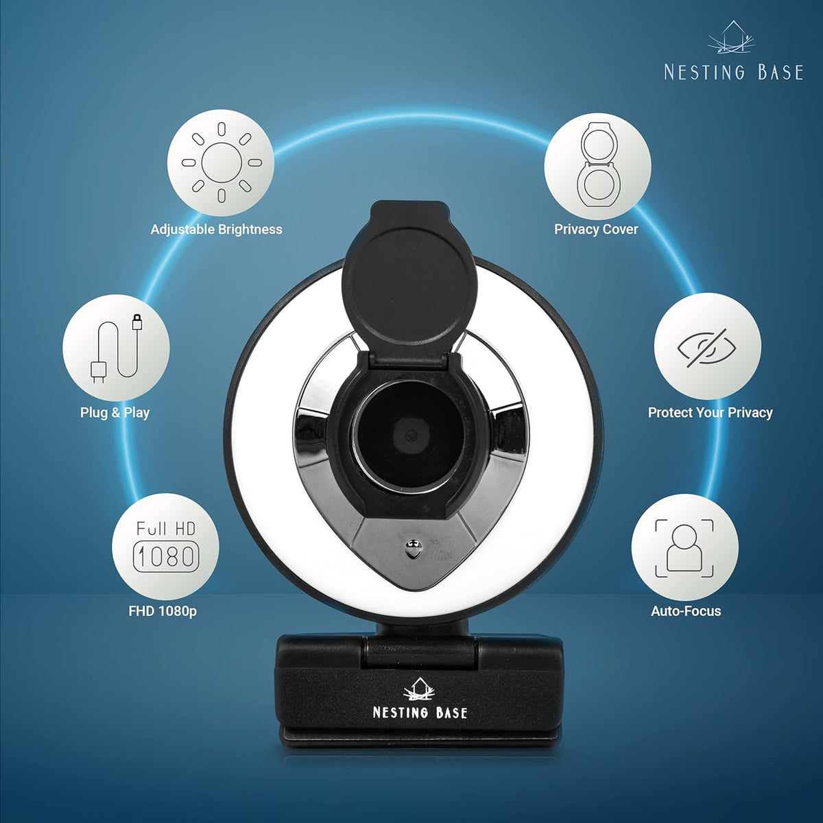 1080p Webcam with Ring Light, Privacy Cover, Auto Focus E73703