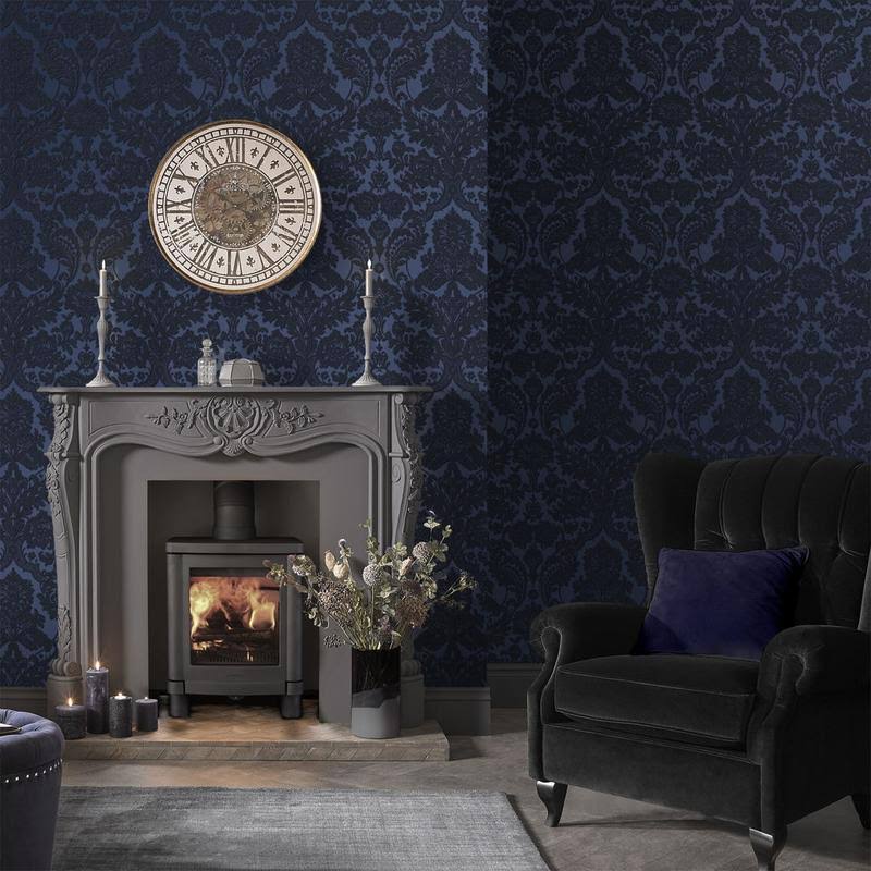 Gothic Damask Flock White Wallpaper L446