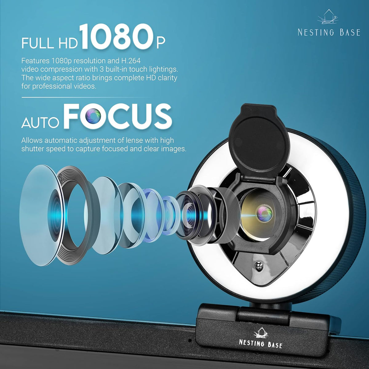 1080p Webcam with Ring Light, Privacy Cover, Auto Focus E73703