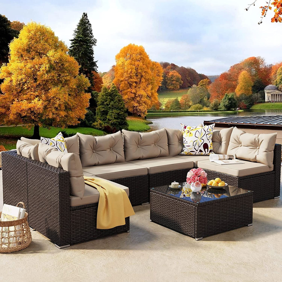 7 Pieces Wicker Rattan Patio Furniture Set Brown X689639