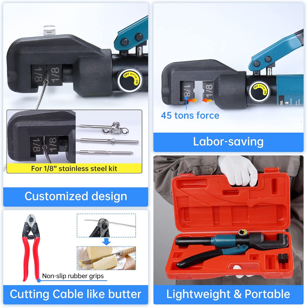 Hydraulic Hand Crimper Tool for 1/8" Stainless Steel Cable Railing Hardware Wire Rope Swaging with Wire Cable Cutter H986404