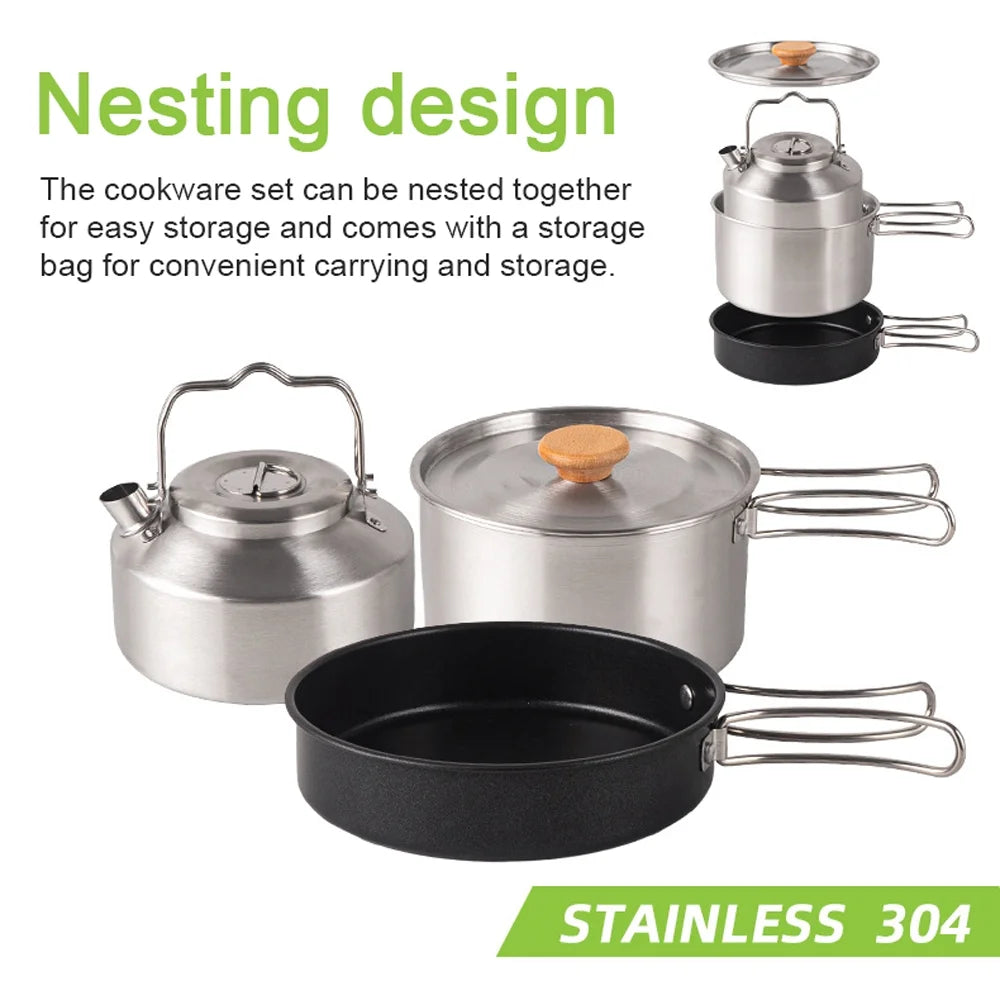 Stainless Steel Camping Cookware Set with Pot Frying Pan Kettle D9996