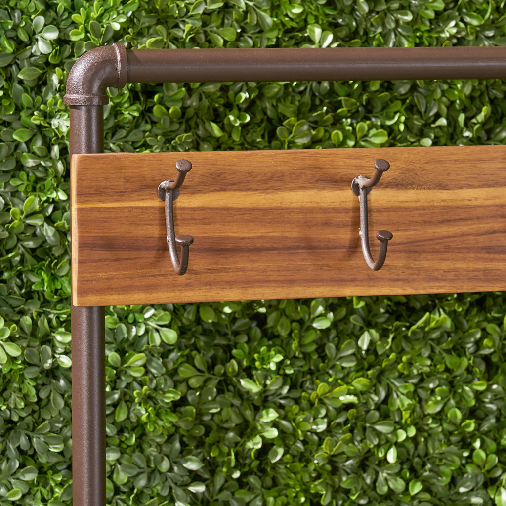 Teak Acacia Wood and Iron Bench with Shelf and Coat Hooks J41577