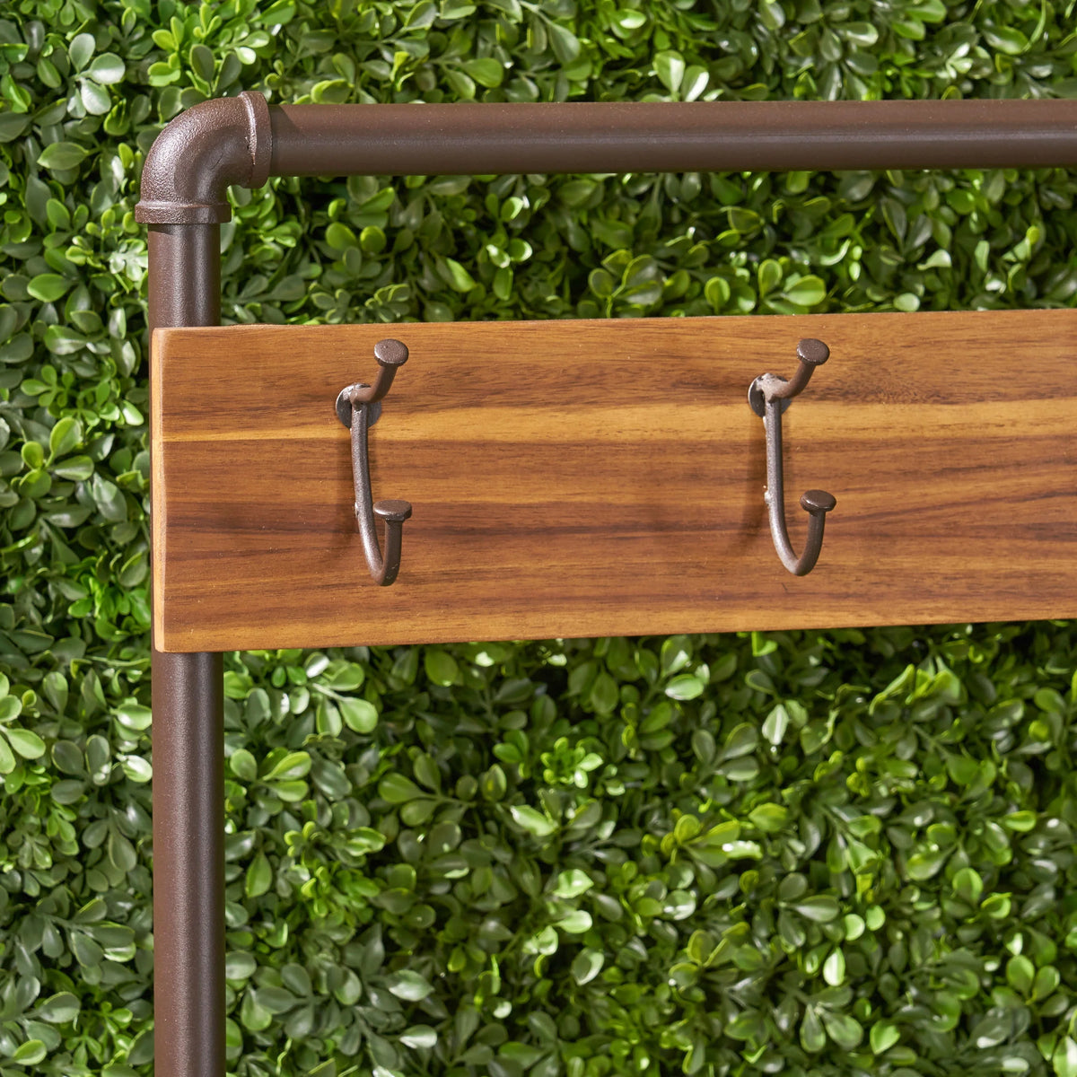 Teak Acacia Wood and Iron Bench with Shelf and Coat Hooks J41577