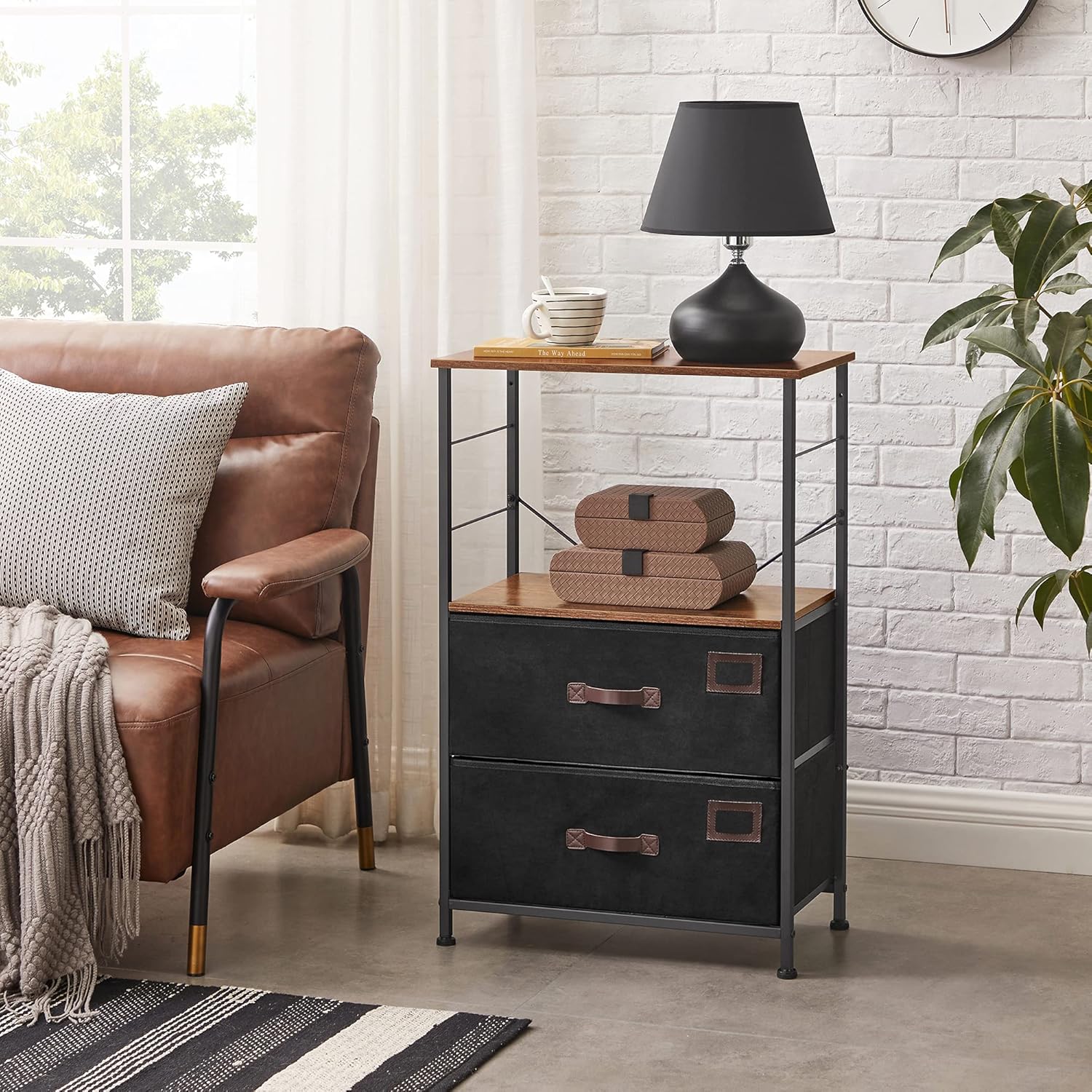 Rustic Brown Black Gray Nightstand with 2 Fabric Drawers and Wooden Top Q78040
