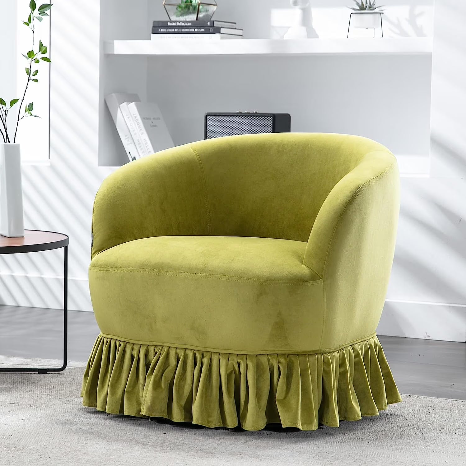 Olive Velvet Swivel Barrel Chair with Pleated Skirt E55076