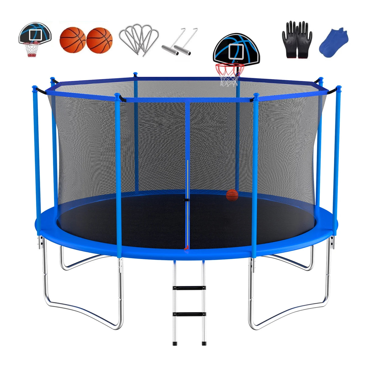 10 Feet Blue Outdoor Trampoline with Basketball Hoop and Safety Enclosure U572
