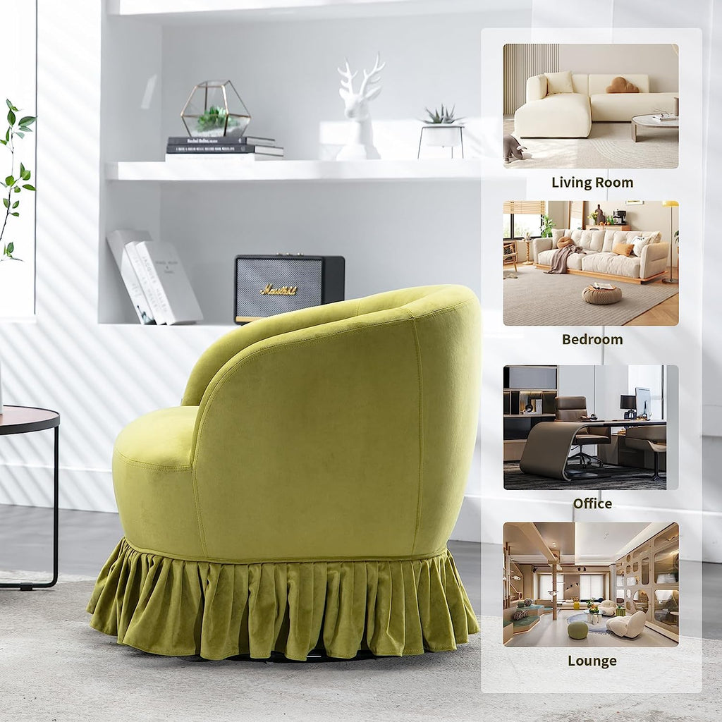Olive Velvet Swivel Barrel Chair with Pleated Skirt E55076
