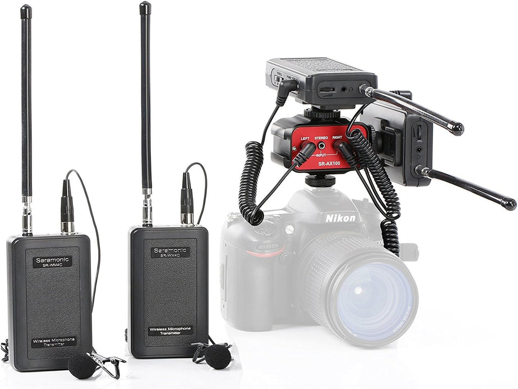 Dual Wireless VHF Lavalier Microphone Bundle with 2 Transmitters, 2 Receivers and Audio Mixer H567
