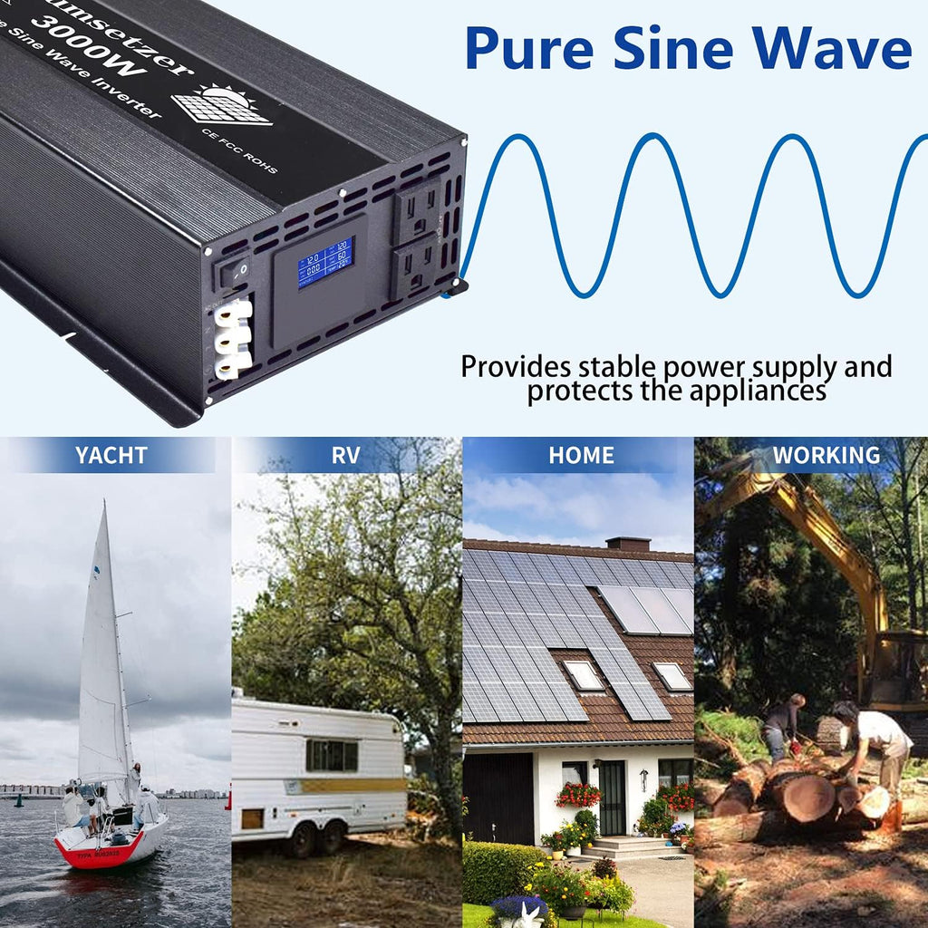 3000 Watt Pure Sine Wave Inverter 12V to 110V 120 Volt with Dual US Outlet and LCD Display K436607